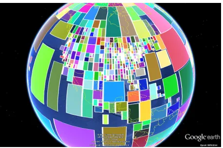 Figure 1: View of North America showing k-d leaves cre-ated from GEOWIKI with a bucket size of 600 and theMIDPOINT method, as visualized in Google Earth.