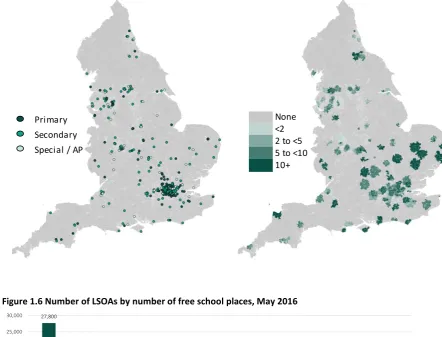 Figure 1.5: The location of free schools by end of the 2016/17 academic year and the relative density of free school places in primary and secondary schools (May 2016)11,12  