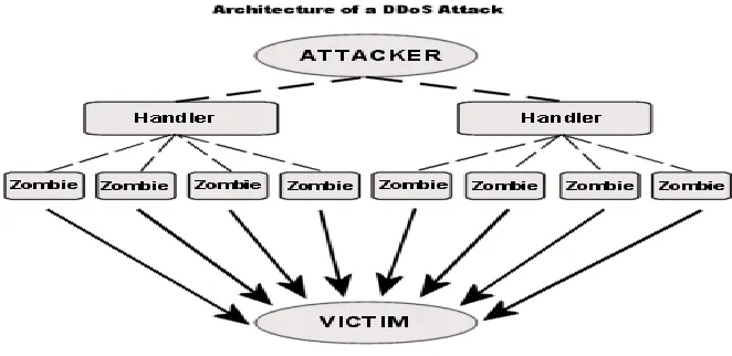 Figure 1.1: Architecture of a DDoS attack (Mirkovic and Reiher, 2004)