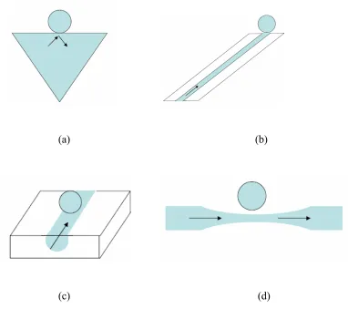 Figure 3.1. Different coupling schemes for microspheres: (a) Prism coupler; (b) Angle polished fiber tip;  (c) Polished half block coupler; (d) fiber taper 