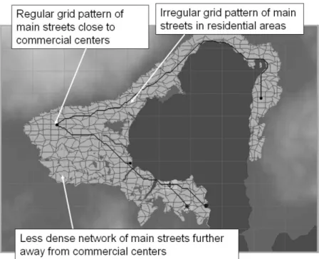 Figure 32: Main streets connecting the most developed areas. Hybrid city with regular and irregular street patterns