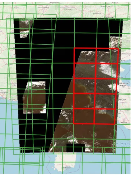 Figure 12 - Selected Sentinel-2 tiles (red) for testing the SML classification- The green polygons correspond to the  Sentinel-2 tiling schema 5