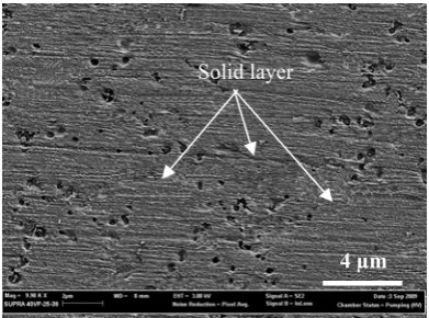 Figure 6: SEM image of the bead produced with laser power 4 kW, powder mass flow rate 0.8 g/min, focus -18 and feed rate 150 mm/min