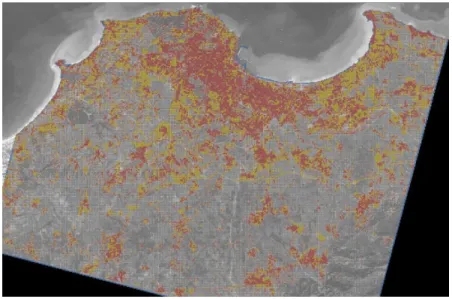 Figure 3. Alger and settlements surrounding Alger over a 52 x 40 km 2  area. The  settlement maps are labeled red for built up before 1986 and yellow for built up after  1986