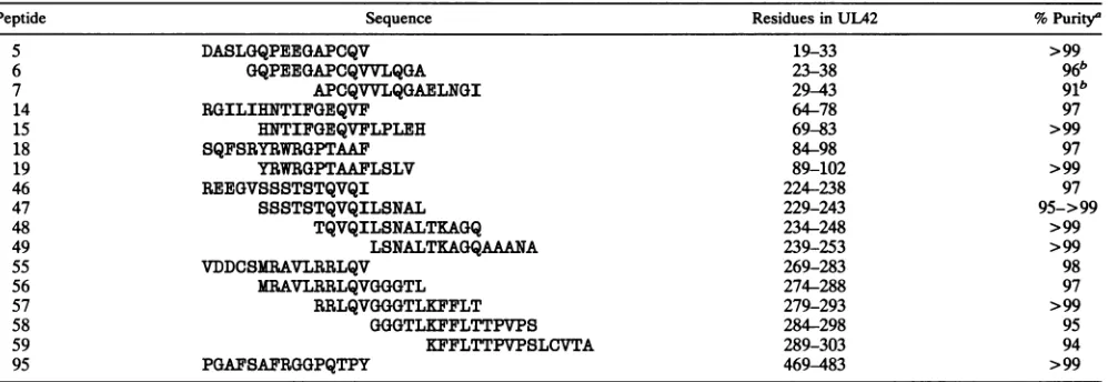 TABLE 1. UL42 peptides purified by reverse-phase HPLC