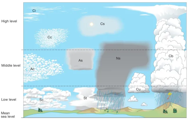 Figure 3.2.: Illustration of main cloud generas defined by the WMO [95]. The ten cloud types: