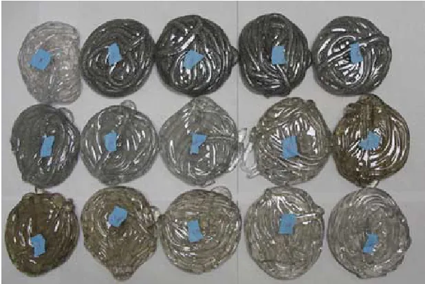 FIGURE 4.12 PS extrudate samples collected over time after 1 g Al flake pulse, increasing time from L-R and top-bottom in 1 minute increments, 15 min