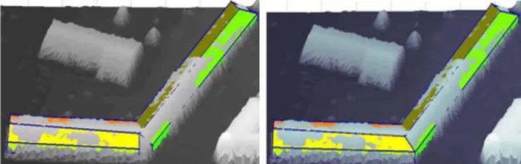 Figure 8. An example for projection-based building  modelling with building parts intersecting at a  non-orthogonal angle before (left), and after (right) adjusting the 