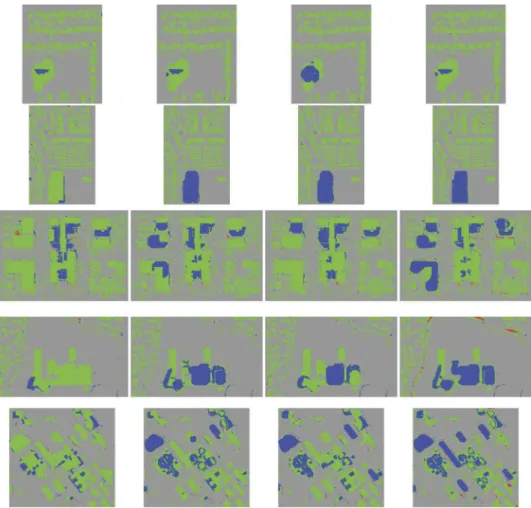 Figure 11. Detailed object segmentation results for the Utah 1-2-7-8-9 test data. Columns from left to right correspond to the proposed method, SMRF, gLiDAR, and EMD- ﬁltering results, respectively.