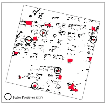 Figure 10.  Change map after refinement by morphologic  opening. The 16 areas in red constitute building change