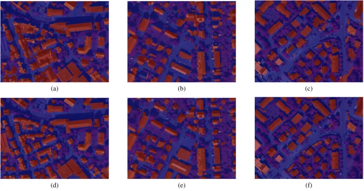 Figure 4. Example results of building detection: (a)(b)(c) detection results on the images shown in Figure 3; (d)(e)(f) ground truths.