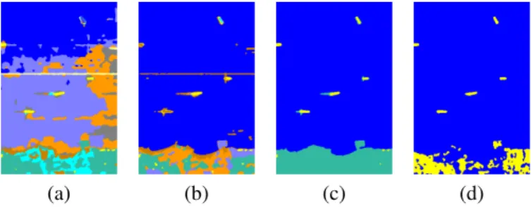 Fig. 4. Resulting classification maps using the parameter W i0 with various values of (a) 1 × 10 9 · I, (b) 1 × 10 10 · I, (c) 1 × 10 11 · I, and (d) 1 × 10 12 · I, where I is the identity matrix