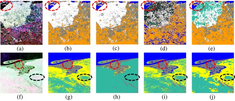 Fig. 6. Pauli RGB images of the test data sets and the classification maps resulting from the different methods