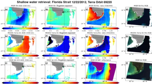 Figure 1. Example of MISR RA aerosol retrieval over shallow water. MISR imagery acquired on 22 December 2012, 16:07 Z: Terra Or-respectively)