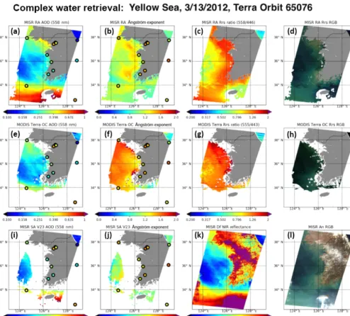 Figure 4. Same as Fig. 1, except for the optically diverse waters of the Yellow Sea. MISR imagery acquired on 13 March 2012, 02:30 Z:Terra Orbit 65076, blocks 60–64