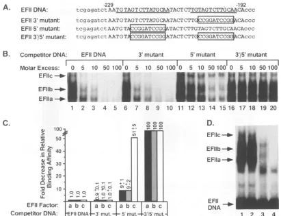 FIG. 3.bymutantretarded32P-labeledexperimentsrelativefoldnonradiolabeledlinkerdescribedinsequences,ug which EFIIa, EFIIb, and EFIIc nuclear factors recognize the upstream repeat in the EFII cis element