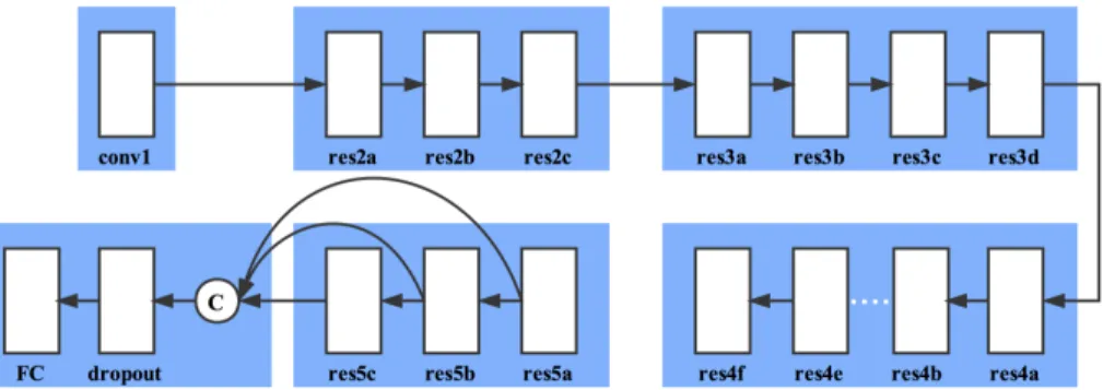 Figure 4: The structure of the improved ResNet-50 model. There are two modifications in the ResNet-50 model structure,1) we add a dropout layer before FC layer to reduce the possibilities of overfitting; 2) we concat the 5a, 5b and 5c convolutional layers 