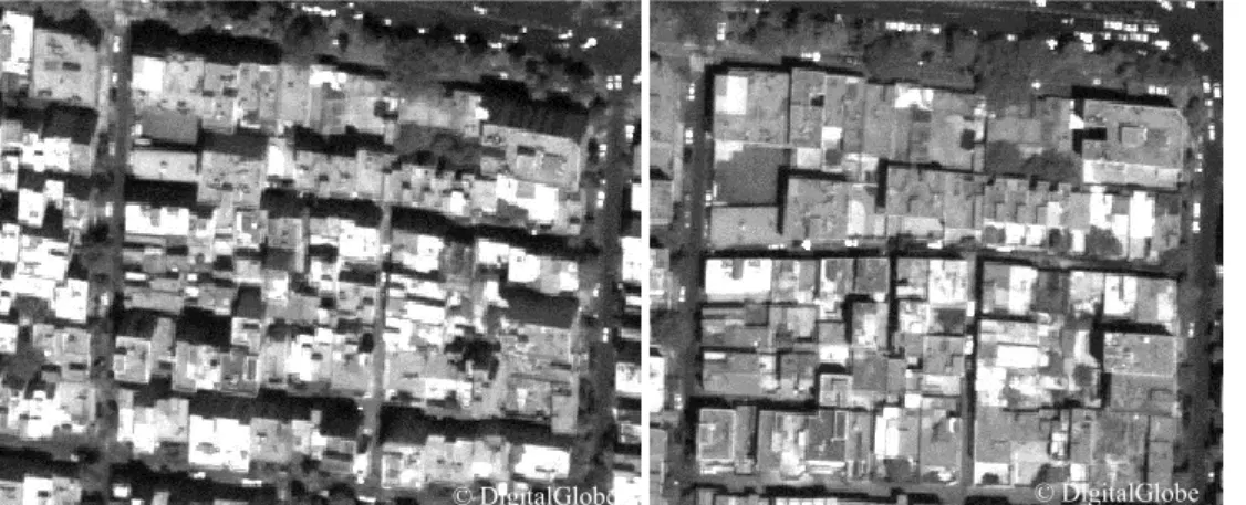 Figure 1. Stereo image acquisition in Teheran project. Left: forward viewing direction 27º, right: nadir viewing direction