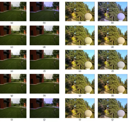 Fig. 3. Original and colour balanced images from various techniques: a)  Original image from Grey Ball dataset , b) Grey World , c) Weighted Grey Edge , d) Modified White Patch , e)Histogram Stretch , f)Shades of Grey , g)1st Order Grey Edge, h) 2nd Order 