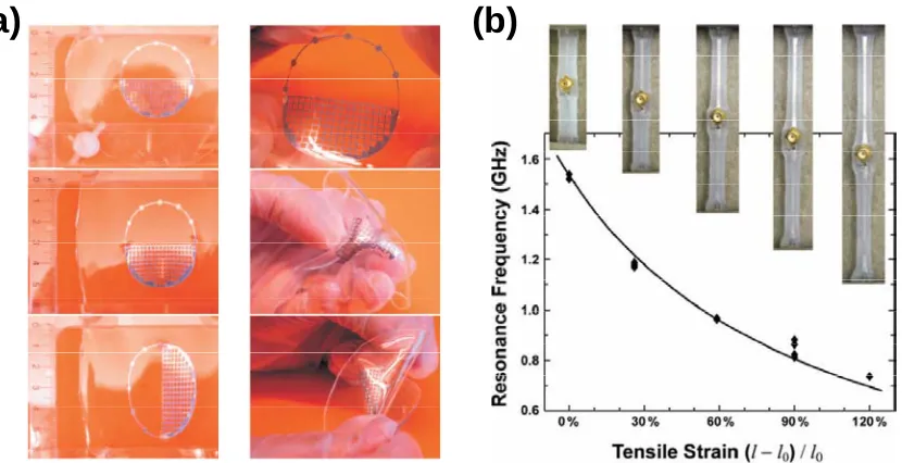 Figure 1.5 (a) Photographs of a stretchable loop antenna. The antenna is stretched, folded, and twisted.[39] (b) The resonance frequency of a stretchable dipole antenna shifts as a function of applied strain