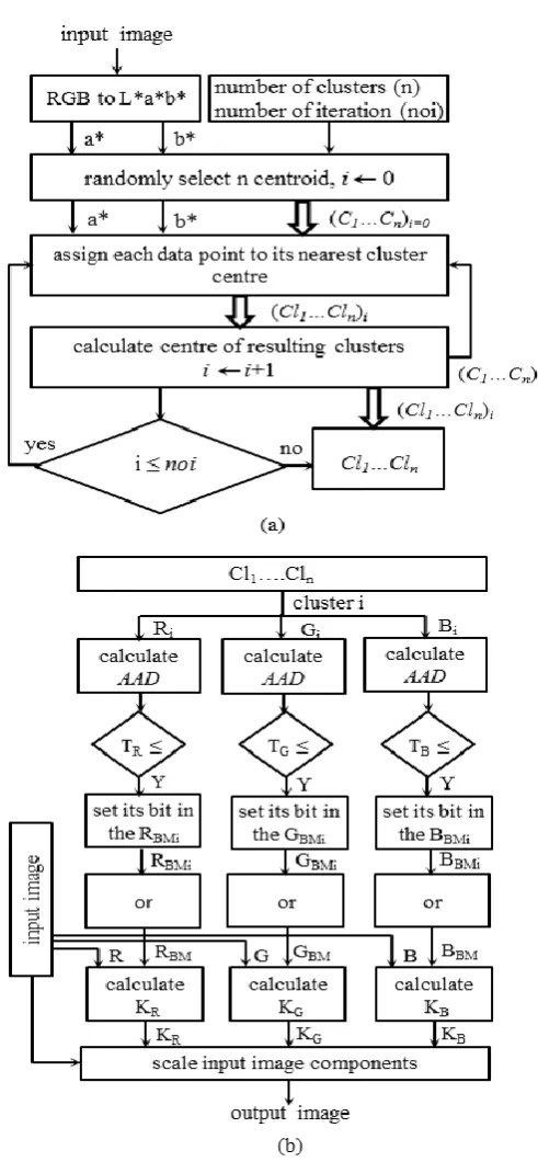 Fig.1. Block diagram of the proposed colour constancy method: (a) block diagram of the K-means clustering algorithm for image segmentation and (b) block diagram of colour variation assessment of each image segment for colour balancing and image colour cons