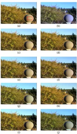 Fig. 5. Original and colour balanced images: a) Original image from Grey Ball dataset [15], b) Grey World [7], c) Max-RGB [8], d) Modified White Patch [9], e) 1st Order Grey Edge [11], f) 2nd Order Grey Edge [11], g) Shades of Grey [10], h) Weighted Grey E