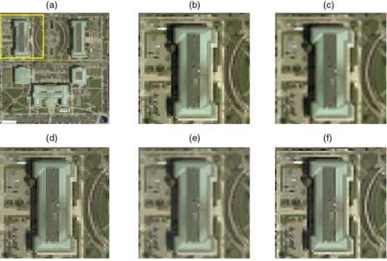 Fig. 3 Resolution enhanced results from the proposed approach with an enlargement from 128 × 128 to 512 × 512 for an image selected from the construction group: (a) the whole input LR image; (b) the selected region of the input LR image; super-resolved HR 