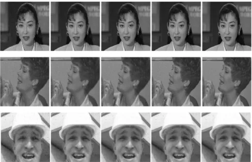 Figure 4 shows the super-resolved frames using the proposed method and other methods, selected arbitrarily from the video sequences Akiyo, Mother &amp; daughter, and Foreman, respectively