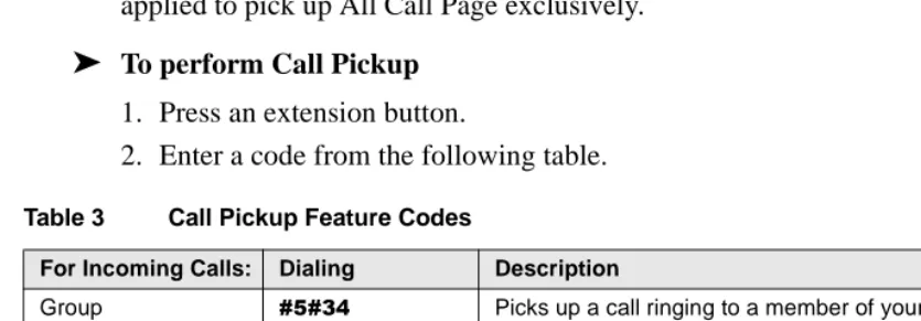 Table 3Call Pickup Feature Codes 