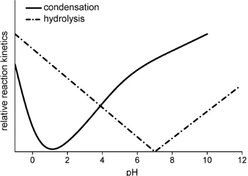 Figure 2.2: Relative hydrolysis and condensation kinetics of alkoxysilanes as a function of reaction 