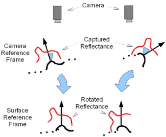 Figure 5: Measurements are rotated to the local surface reference frame. Before the measured BRDF slices of two pixels (left and right) can be effectively compared, the light directions must be rotated from the camera’s reference frame (top) to the local s