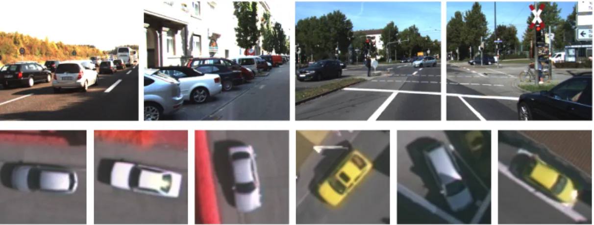 Figure 1.4: Top row: cars seen from a ground level perspective. There is a large variety in terms of perceived poses, scales and occlusions