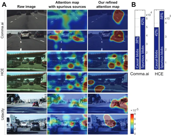 Figure 3.5: (A) We illustrate examples of (left) raw input images, their (middle) visual attention heat maps with spurious attention sources, and (right) our attention heat maps by filtering out spurious blobs to produce simpler and more accurate attention