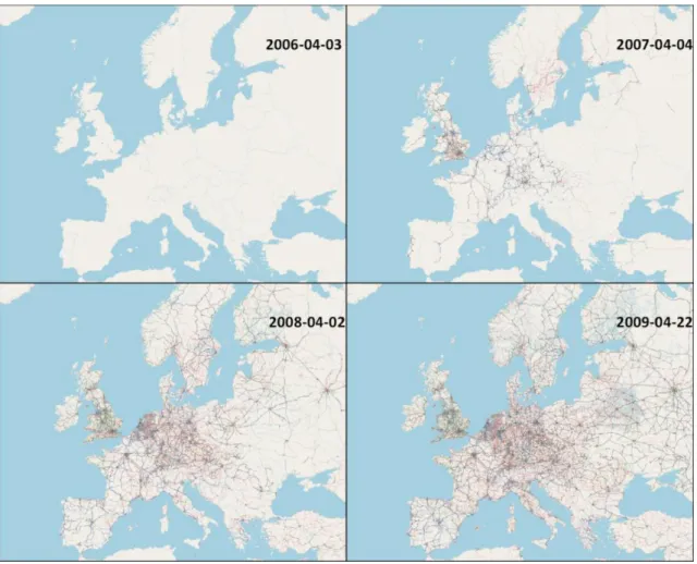 Figure 1: Coverage progress of OSM in Europe between the years 2006 and 2009 (Images from OSM  Developer, 2014)