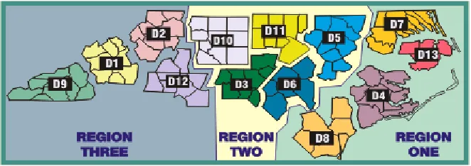Figure 4: A map of North Carolina Division of Forest Resources regions and districts.   