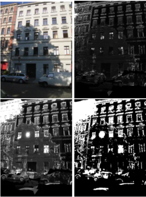 Figure 6. From top left to bottom right: fac¸ade image, visualiza- tion of colour differences to neighbouring images only,  visualiza-tion of colour differences to complete sequence, segmentavisualiza-tion of colour difference image using the 0.7 and 0.8 q