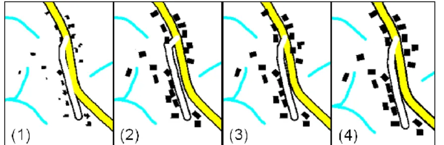 Fig. 6 (1) before generalisation. (2) generalisation with AGENT then Least Squares process  (Harrie &amp; Sarjakoski 2002) (3) CartACom then the Beams (Bader et al