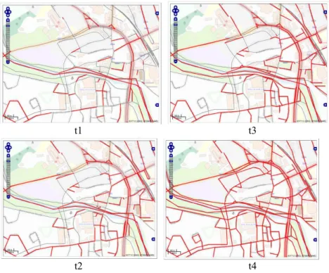 Fig. 11: The evolution (from t1 to t4) of transferred road segments based on the  streaming-based approach