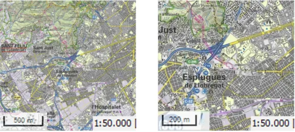 Figure 1: A same map at 1:50k symbolisation scale displayed at two different display scales (source: ICGC Catalonia).