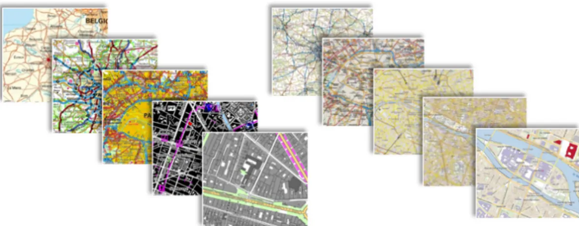 Figure 3: Two multi-scale maps (source: IGN France), one with inconsistent styles across scales (on the left), and one with a consistent multi-scale style (on the right).