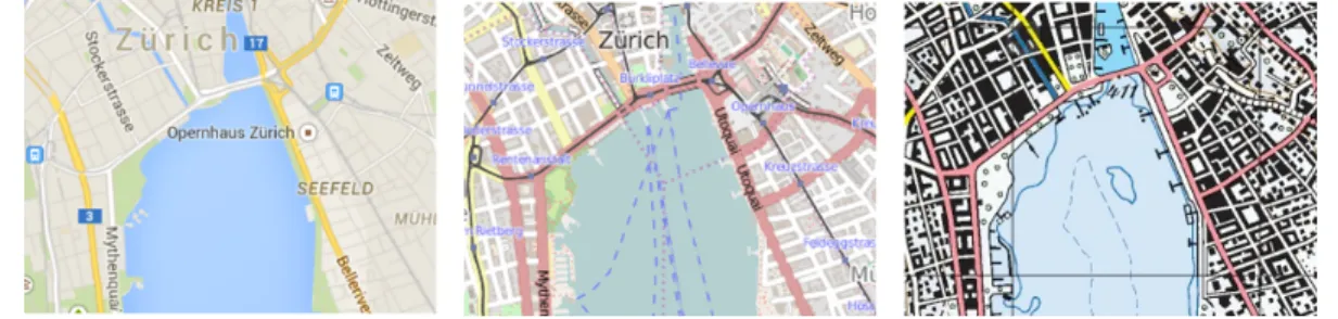 Figure 4: Three multi-scale maps at the same zoom level (respectively GoogleMaps, OSM, Swisstopo), on the same region: there is no consensus on the content (theme, abstraction, granularity) of a topographic map.