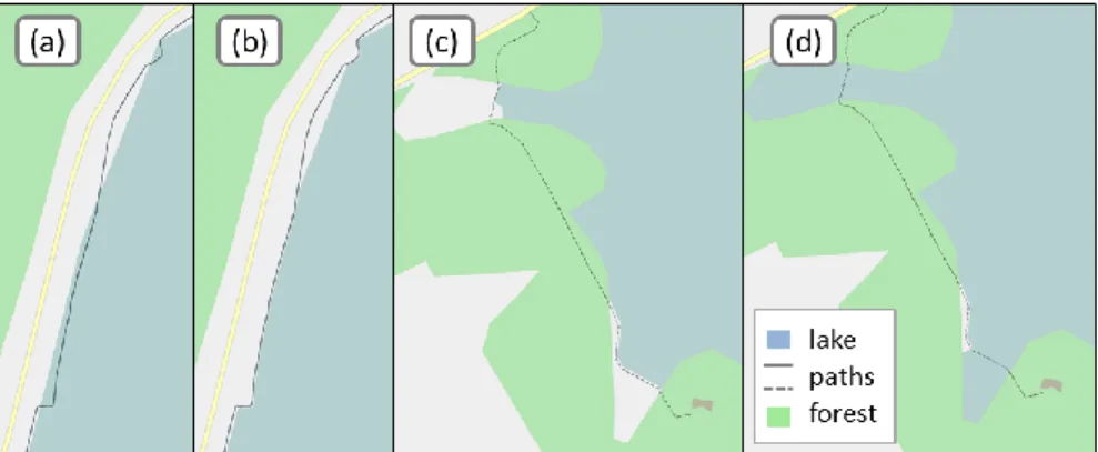 Fig. 7.  (a) A bicycle path  intersecting a lake; (b) harmonized lake outline; (c) an  example  of  bridges  with  bad  harmonization;  (d)  harmonization  with  automatic  detection of bridges 
