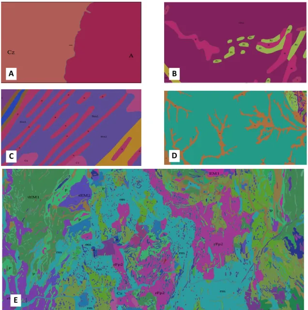 Figure 1. Some examples of geological maps, ordered by the complexity of the shapes and structures  of geological units