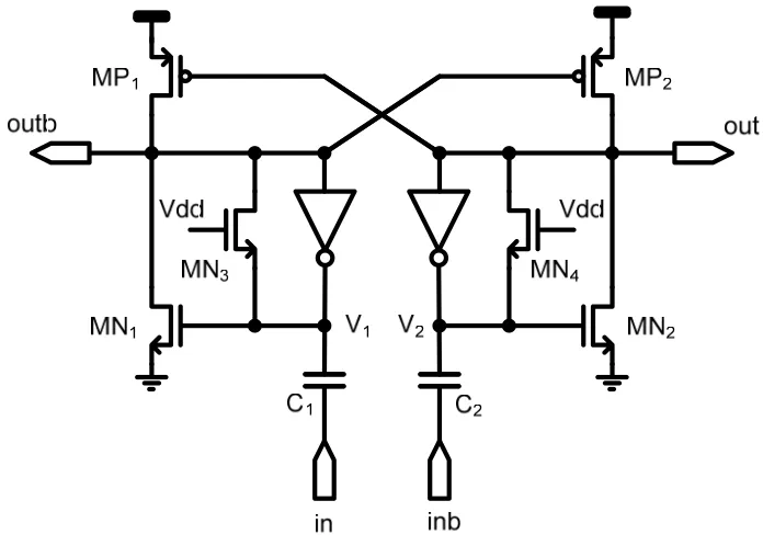 Figure 2.24 Balanced self-clocked CMOS quantized feedback circuit  