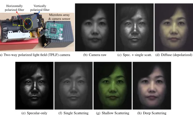 Figure 1: Single shot layered reflectance separation using proposed two-way polarized light field (TPLF) camera