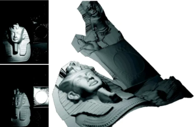 Figure 1. Overview of our approach. On the left, we show 2 out of the 10 images used in this experiment, for a medium-scale scene where shapes having diffuse or specular reflections are present
