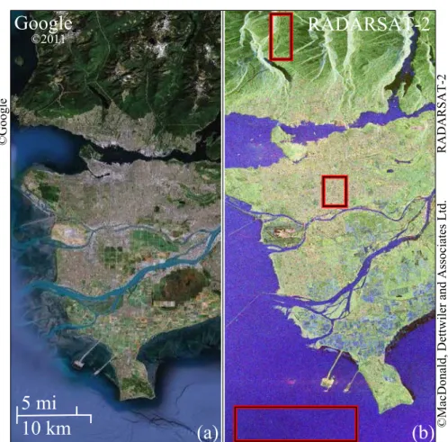 Fig. 2.4. Vancouver, BC , Canada. (a) Google Earth image of the area. (b) Pauli RGB image of the RADARSAT-2 full polarimetric data set