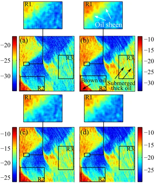 Fig. 4.6. Oil slick property/type recognition using the degree of de- de-polarization P (dB) in dual-pol SAR 