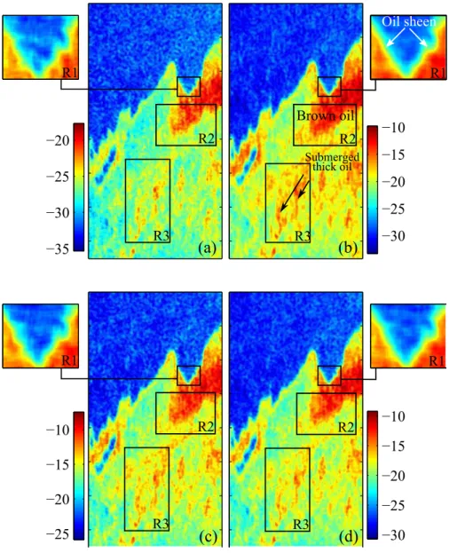 Fig. 4.7. Oil slick property/type recognition using the degree of de- de-polarization P (dB) in dual-pol SAR 