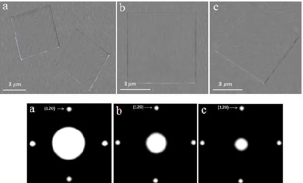 Figure 4. TEM bright images (up) companied by corresponding ED patterns of the square-shaped single crystals (down) grown in amyl acetate at Tc = 23 °C; homo-PEG5000 (a); random co-crystal of PEG5000-b-PS10000/PEG5000 (b); homo-brush of PEG5000-b-PS10000 (